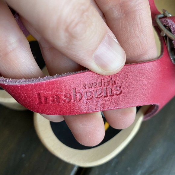 Swedish Hasbeens Toffel Multi Leather Wooden Heel Clog Sandals Size EU 39 US 8.5 - Picture 11 of 12